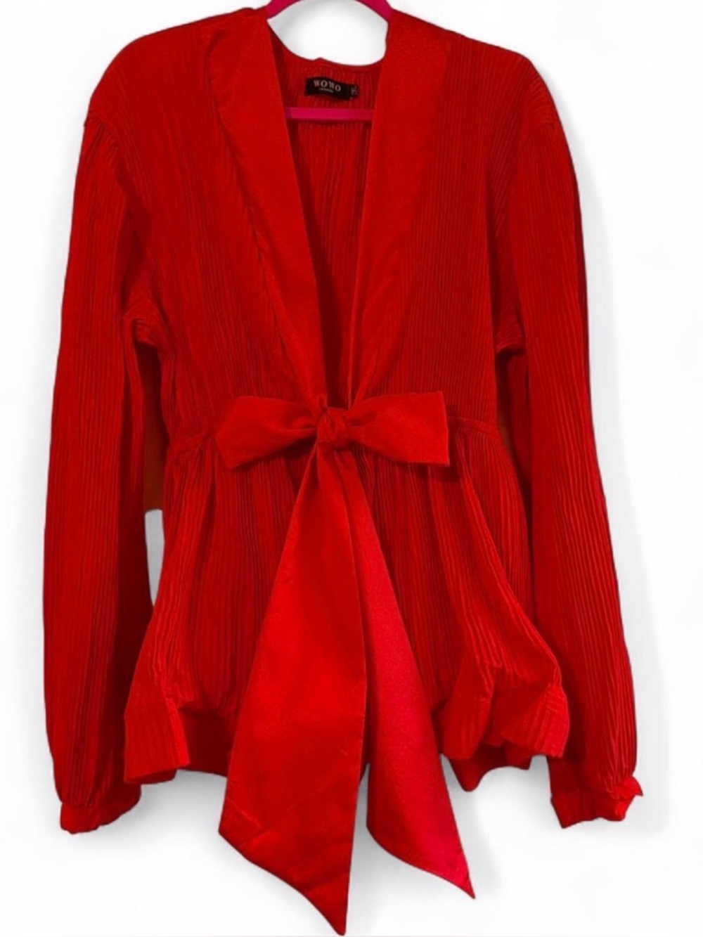 Cherry red plisse tie front blouse